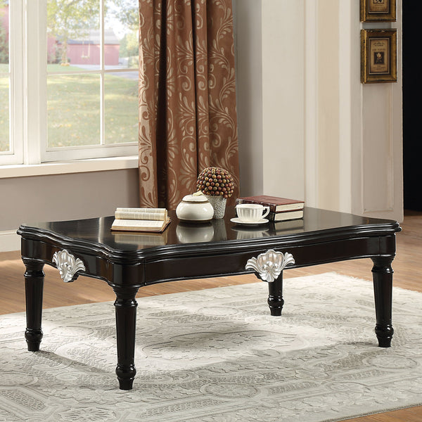 English Elm Black Black Coffee Table with Scalloped Wooden Top and Turned Legs, Durable Poplar Craftsmanship 92 B062P209075