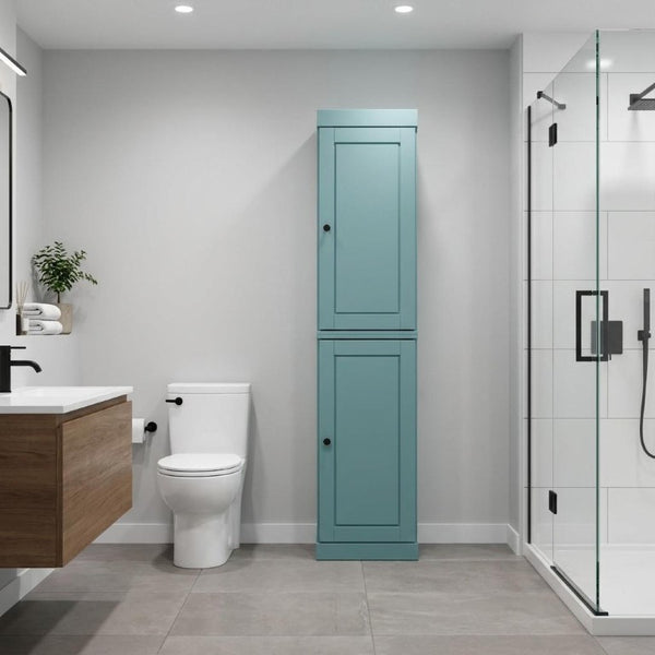 17 Inch Aqua Solid Wood Bathroom Linen Tower with Double Doors Storage