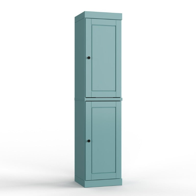 HomeRoots 17 Inch Aqua Solid Wood Bathroom Linen Tower with Double Doors Storage 748380