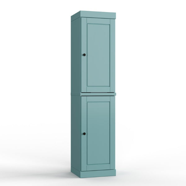 HomeRoots 17 Inch Aqua Solid Wood Bathroom Linen Tower with Double Doors Storage 748380