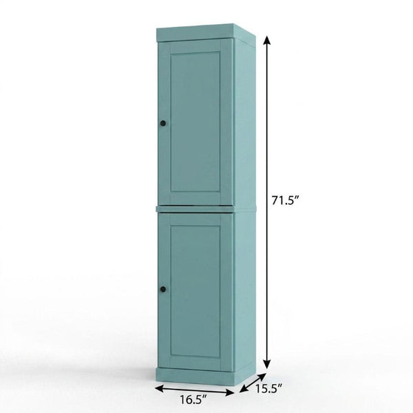 17 Inch Aqua Solid Wood Bathroom Linen Tower with Double Doors Storage