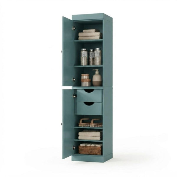 17 Inch Aqua Solid Wood Bathroom Linen Tower with Double Doors Storage