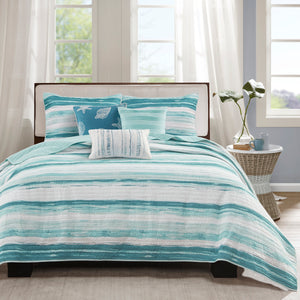 English Elm 6 Madison Park Marina Reversible Quilt Set Full/Queen with Coastal Watercolor Stripes and Embroidered Pillows Aqua 22.44 L x 17.72 W x 6.69 H B03597638
