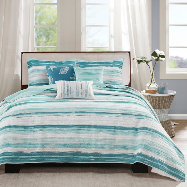 English Elm 6 Madison Park Marina Reversible Quilt Set Full/Queen with Coastal Watercolor Stripes and Embroidered Pillows Aqua 22.44 L x 17.72 W x 6.69 H B03597638