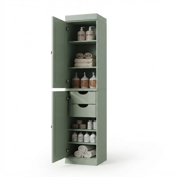 17 Inch Sage Solid Wood Freestanding Linen Cabinet with Double Doors for Bathroom