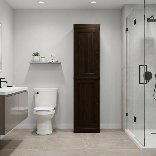 17 Inch Espresso Solid Wood Freestanding Linen Cabinet with Double Doors for Bathroom