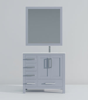 English Elm Dark Grey Bath Vanity With Right Offset White Quartz Top, Chrome Faucet, And Matching Mirror Set B2731S01263