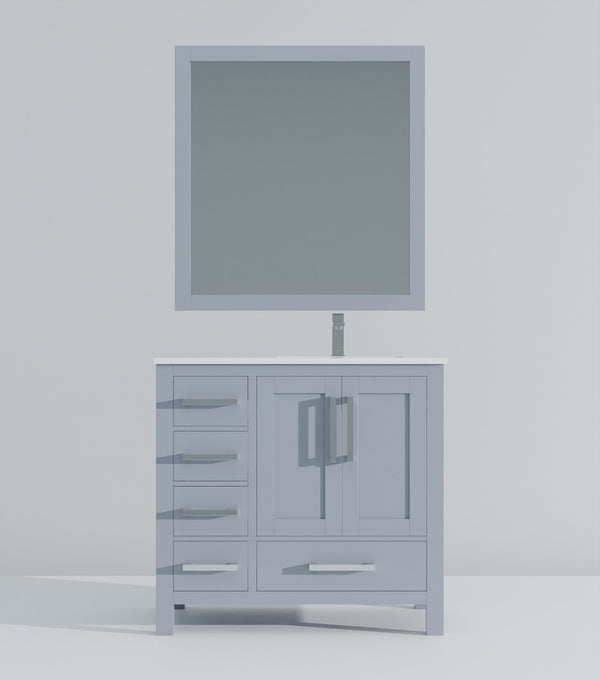 English Elm Dark Grey Bath Vanity With Right Offset White Quartz Top, Chrome Faucet, And Matching Mirror Set B2731S01263