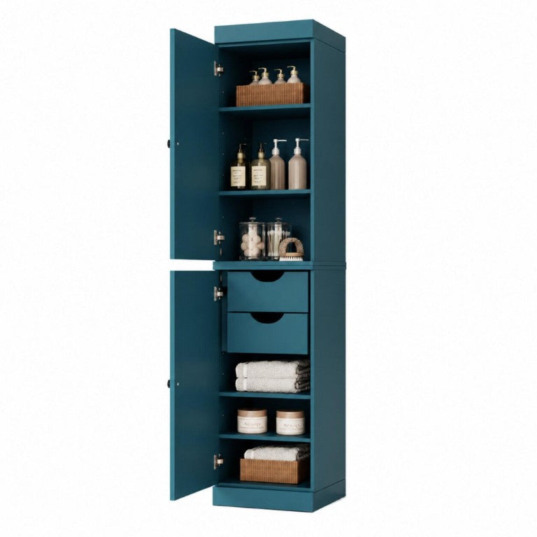 17 Inch Solid Wood Freestanding Linen Armoire with Double Doors Teal Bathroom Storage