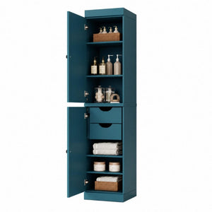 17 Inch Solid Wood Freestanding Linen Armoire with Double Doors Teal Bathroom Storage
