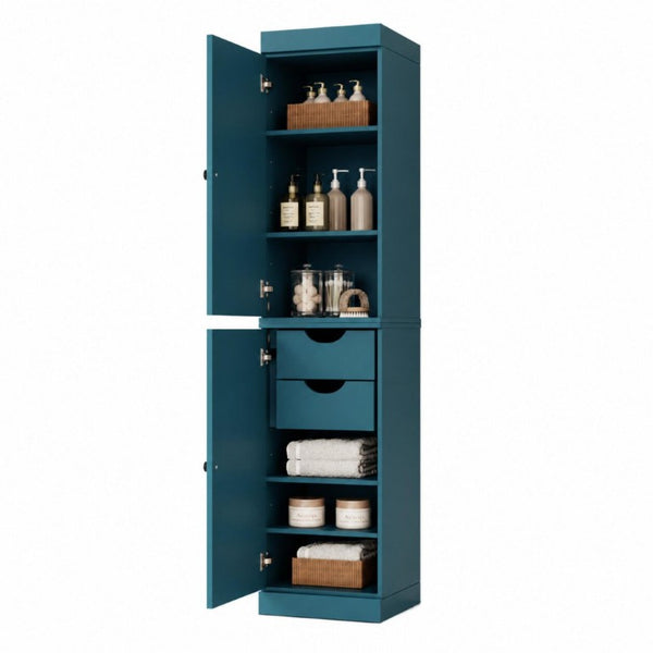 17 Inch Solid Wood Freestanding Linen Armoire with Double Doors Teal Bathroom Storage