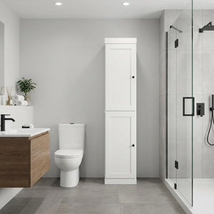 17 Inch Solid Wood Linen Cabinet Freestanding Bathroom Storage with Double Doors White