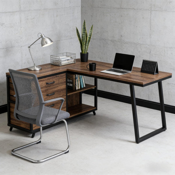 English Elm Working L-shaped Corner Desk with File Drawer Open Shelves and Veneer Surface T3971P450891