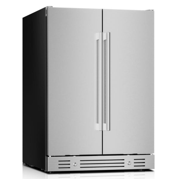 HomeRoots 34 Inch Stainless Steel Dual Zone Wine Beverage Cooler for Kitchen or Bar 748454