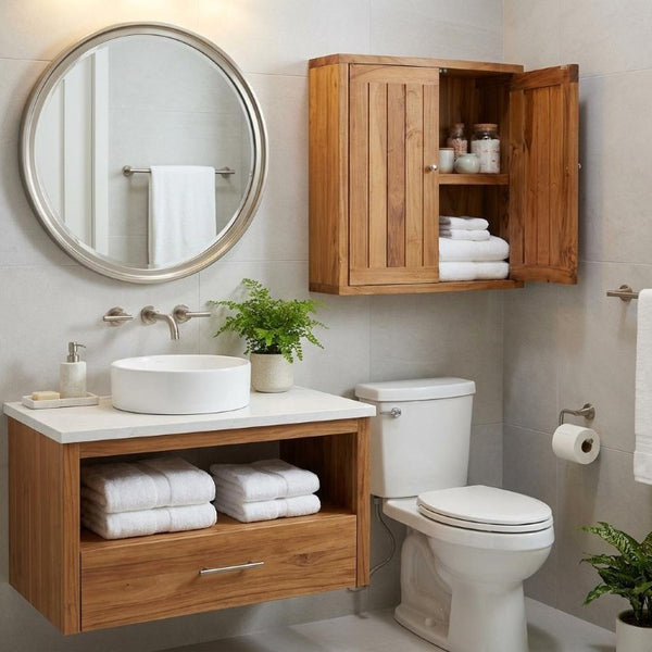 HomeRoots 24 Inch Solid Wood Double Door Wall Mounted Bathroom Storage Cabinet in Brown 748456