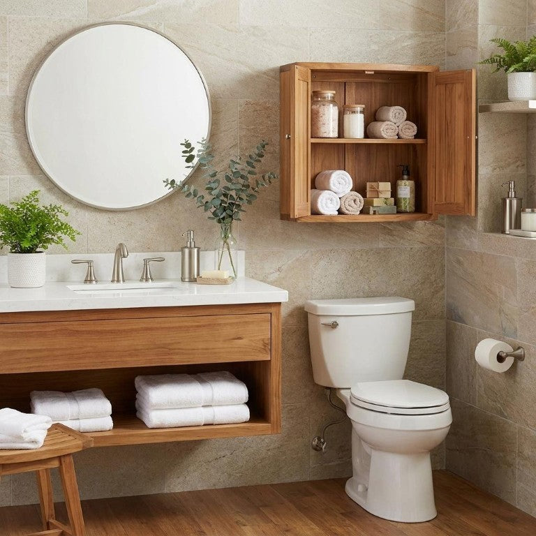 HomeRoots 24 Inch Solid Wood Double Door Wall Mounted Bathroom Storage Cabinet in Brown 748456