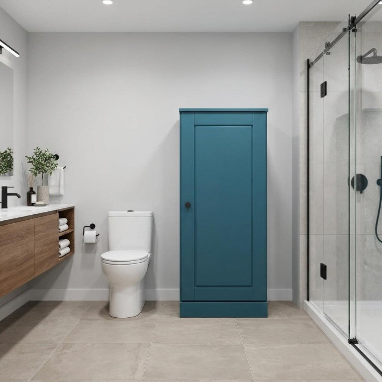 17 Inch Teal Solid Wood Single Door Freestanding Linen Storage Cabinet for Bathroom