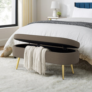 English Elm Ottoman Oval Flannel Storage Bench with Matte Metal Legs for Bedroom or Living Room Brown W487P438631