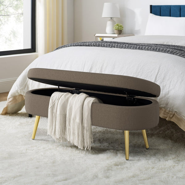 English Elm Ottoman Oval Flannel Storage Bench with Matte Metal Legs for Bedroom or Living Room Brown W487P438631