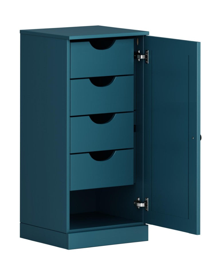 HomeRoots 17 Inch Teal Solid Wood Linen Cabinet Freestanding Bathroom Storage with Single Door 748508