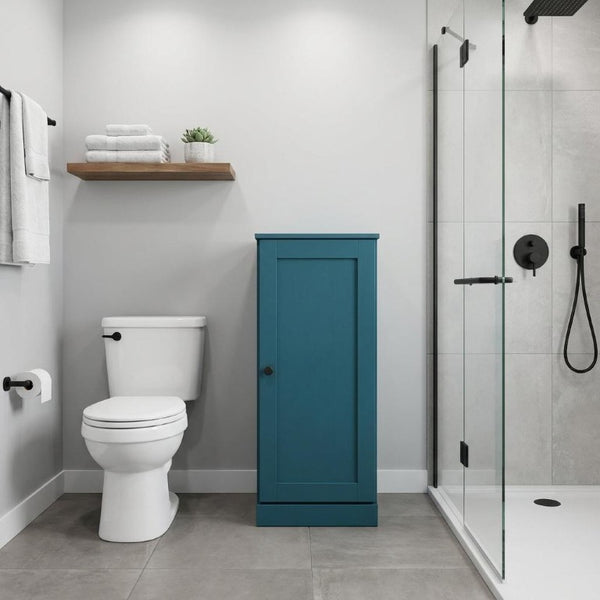 17 Inch Teal Solid Wood Freestanding Linen Armoire with Single Door Bathroom Storage