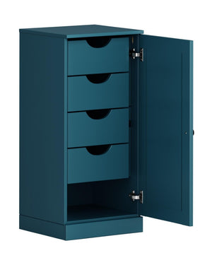 17 Inch Teal Solid Wood Freestanding Linen Armoire with Single Door Bathroom Storage