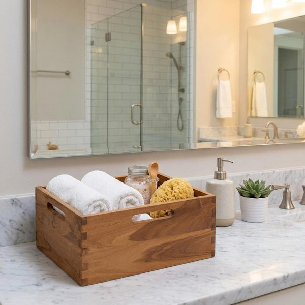 13 Inch Solid Wood Bathroom Organizer Set in Rich Brown for Stylish Storage