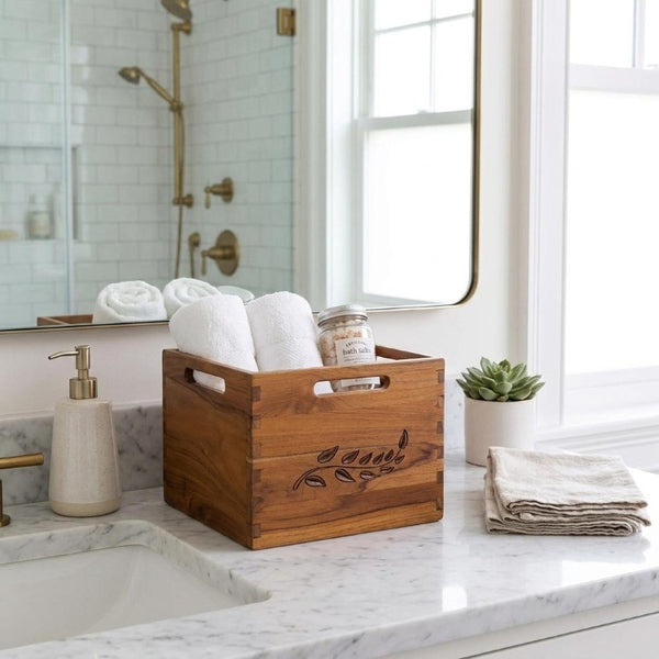 11 Inch Solid Wood Bathroom Organizer Set with Rustic Finish for Stylish Storage Solutions