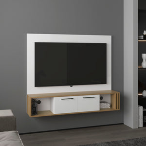 English Elm Vance 56" Floating Entertainment Center in Natural Oak White – Modern TV Stand with Cabinets, Cable Management, Shelving and Easy Assembly B200P286965