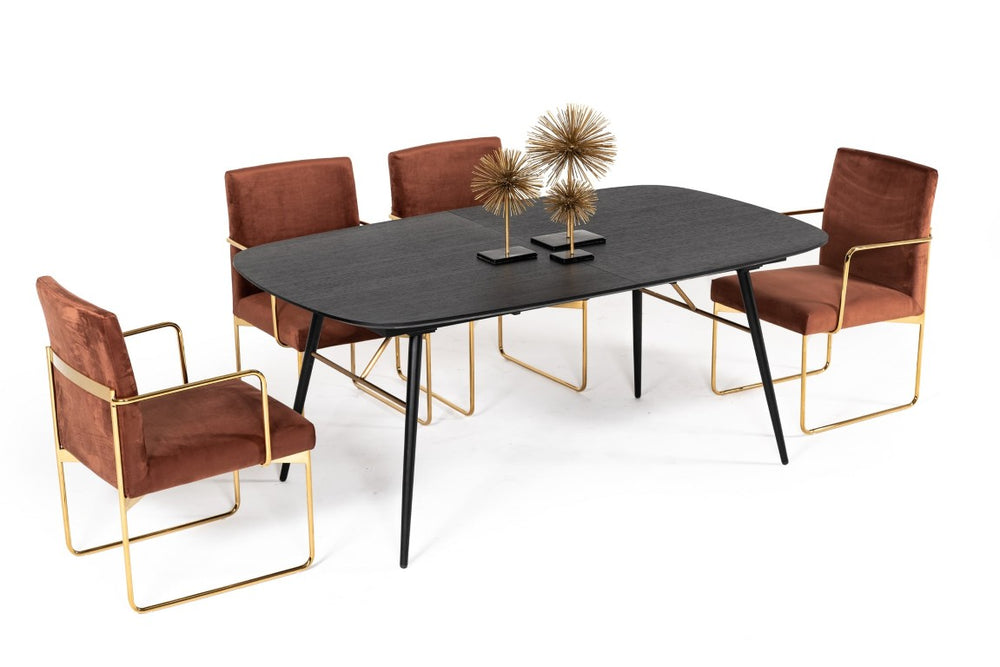 VIG Furniture Billy Modern Black Oak Veneer Extendable Dining Table W/ Gold Accents, Matte Black Legs, 71–91" VGDWJ3498