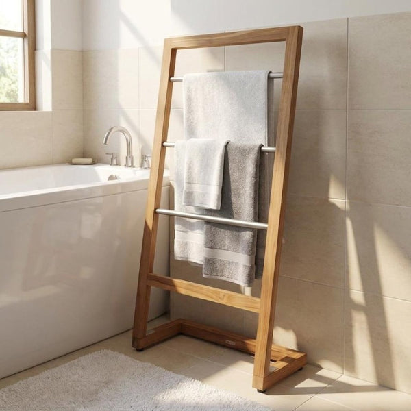 45 Inch Teak and Stainless Steel Freestanding Towel Rack for Modern Bathroom Decor