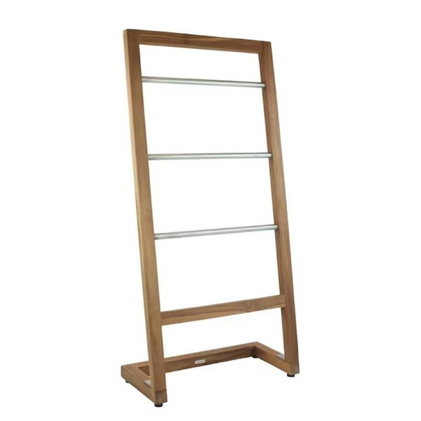 HomeRoots 45 Inch Teak and Stainless Steel Freestanding Towel Rack for Modern Bathroom Decor 748588