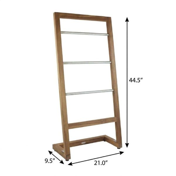 45 Inch Teak and Stainless Steel Freestanding Towel Rack for Modern Bathroom Decor