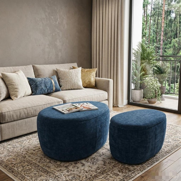 34 Inch Blue Chenille Round Storage Ottoman Set of Two for Living Room Decor