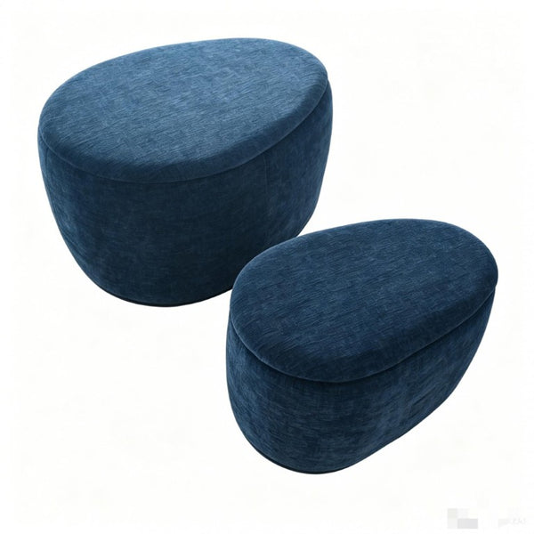 HomeRoots 34 Inch Blue Chenille Round Storage Ottoman Set of Two for Living Room Decor 748606
