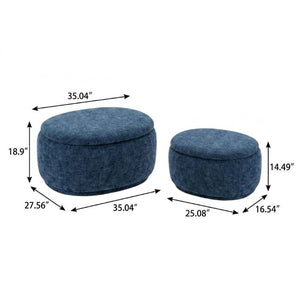 34 Inch Blue Chenille Round Storage Ottoman Set of Two for Living Room Decor