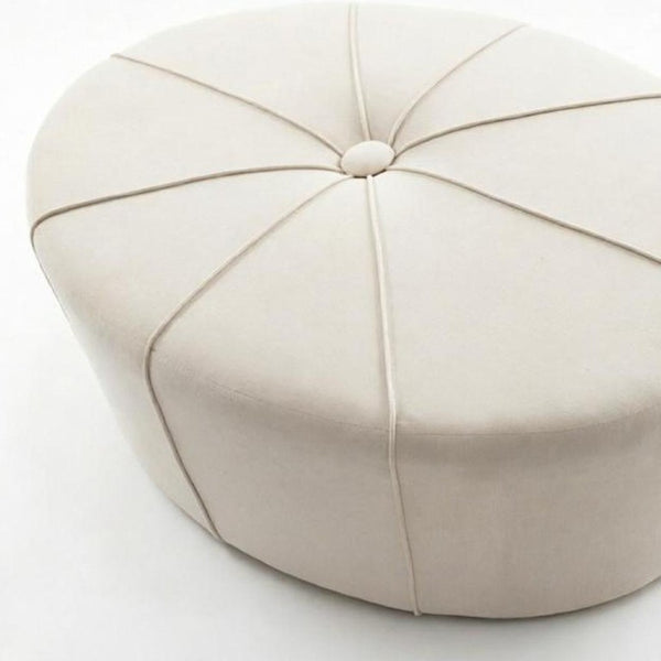 48 Inch Oval Tufted Ottoman in Cream Black Cotton Linen Blend for Living Rooms
