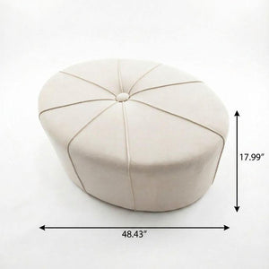 48 Inch Oval Tufted Ottoman in Cream Black Cotton Linen Blend for Living Rooms