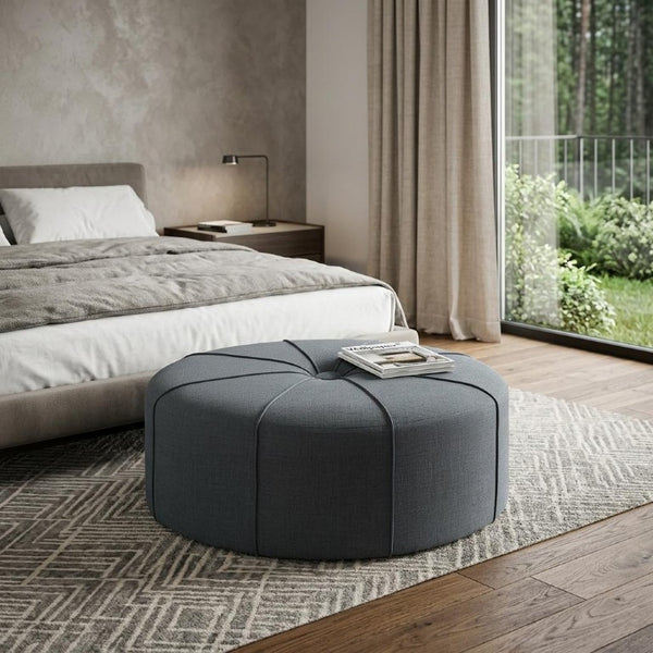 48 Inch Oval Tufted Cocktail Ottoman in Slate Blue Linen Cotton Blend Fabric