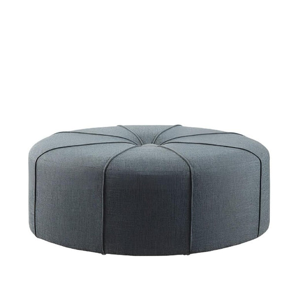 HomeRoots 48 Inch Oval Tufted Cocktail Ottoman in Slate Blue Linen Cotton Blend Fabric 748617