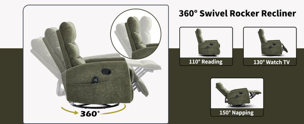 English Elm Heat Massage Rocker Recliner with Swivel Base Vibrating Nodes Lumbar Relief Fabric W3224P357572
