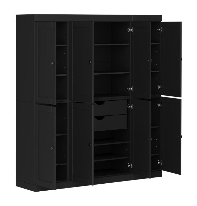 HomeRoots 72 Inch Black Solid Wood Pantry Cabinet with Eight Drawers for Kitchen Storage 748782