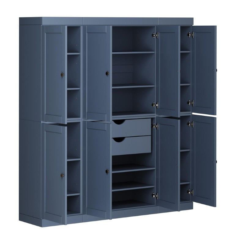 HomeRoots 72 Inch Solid Wood Pantry Cabinet French Blue Finish Two Drawer Kitchen Storage Unit 748790