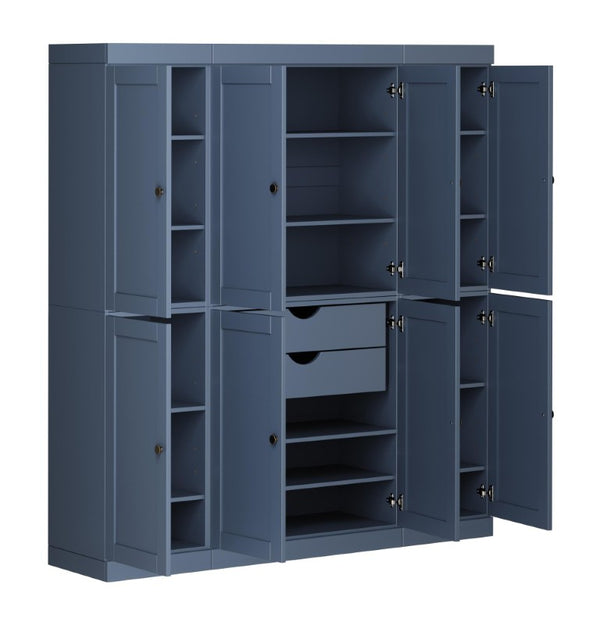 72 Inch Solid Wood Pantry Cabinet French Blue Finish Two Drawer Kitchen Storage Unit