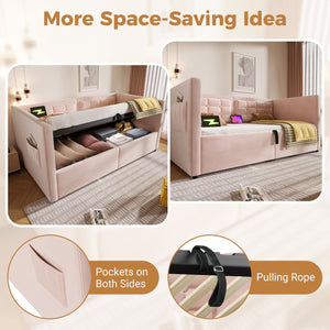 English Elm Upholstered Twin Daybed with Hydraulic Storage, Velvet Tufted Sofa Back, USB & Type-C Charging Port Pink N736P303402P