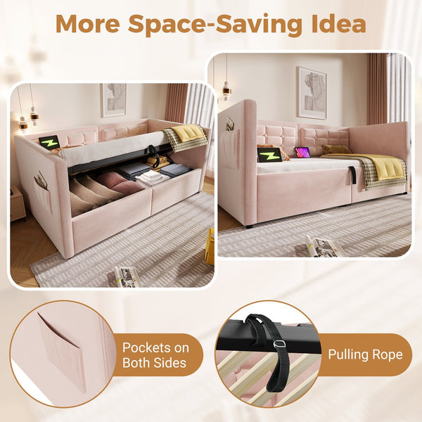 English Elm Upholstered Twin Daybed with Hydraulic Storage, Velvet Tufted Sofa Back, USB & Type-C Charging Port Pink N736P303402P