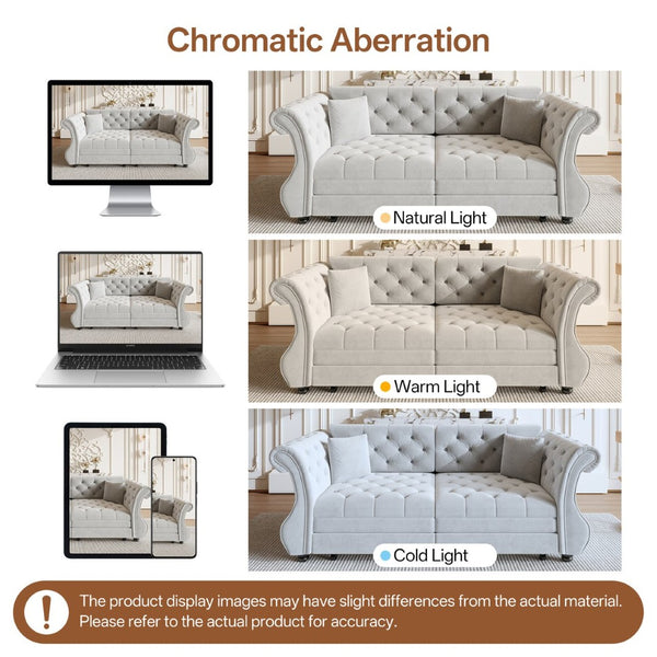 English Elm 83.8" Chesterfield Sleeper Sofa Velvet Upholstered with Flower Tufting for Living Room Light Grey W1885S00401