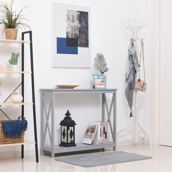 English Elm HOMCOM Elegant 2-Tier Console Table with Lower Shelf and X Frame, Space-Saving Entryway Accent Table Grey W2225P217207