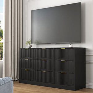 English Elm Black Nine Drawer Wide Dresser Matte Wood Chest with Wavy Relief Panels Bedroom Storage Black W409P307541