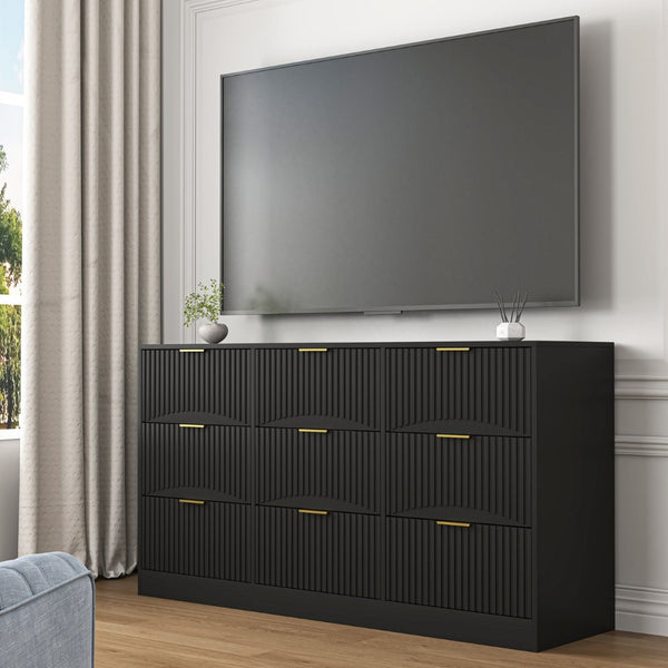 English Elm Black Nine Drawer Wide Dresser Matte Wood Chest with Wavy Relief Panels Bedroom Storage Black W409P307541